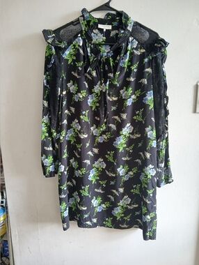 Sandro Black Dress with Blue Floral & Green Leaf Print